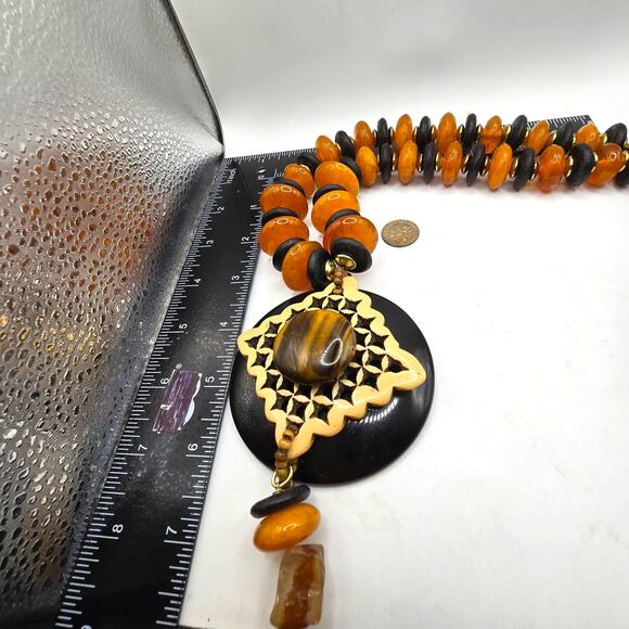 Chico's Statement Necklace Chunky Beads Tiger Eye Pendant 20 Inch Boho Jewelry - Picture 4 of 8